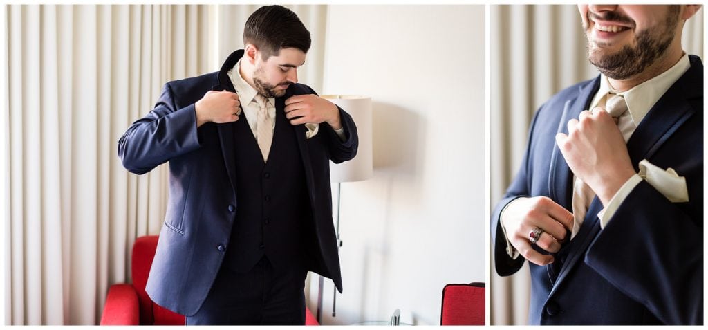 Groom putting on jacket and straightening tie portrait collage