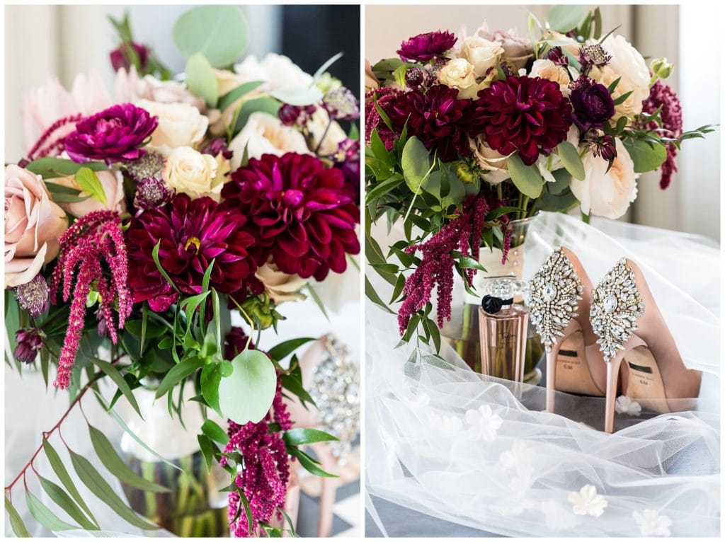 Pink and white bridal bouquet with rose gold gemmed heels