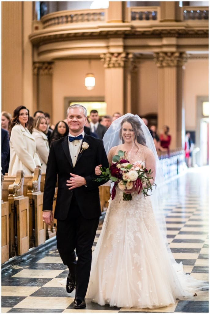 Bride walking down aisle with her father in Church of the Gesu wedding ceremony, St, Joe's Prep wedding ceremony