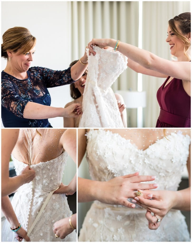 Mother of the bride helping bride into dress and bride putting on jewelry collage