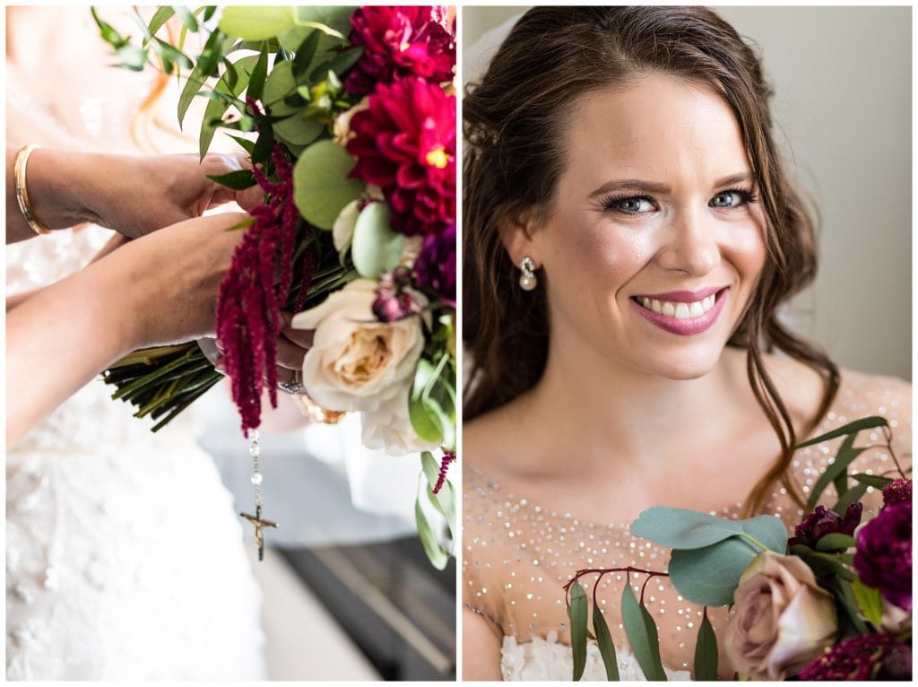 Traditional window lit bridal portrait with bouquet and rosary detail