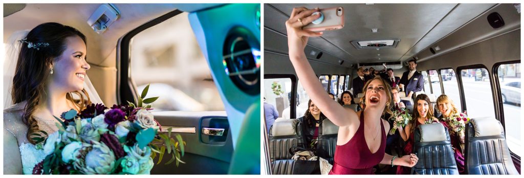 Window-lit bride in car and bridesmaids taking selfie on party bus collage