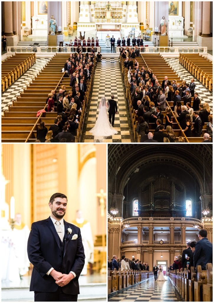 Groom watches as bride and her father walk down the aisle at Church of the Gesu wedding ceremony, St. Joe's Prep wedding ceremony