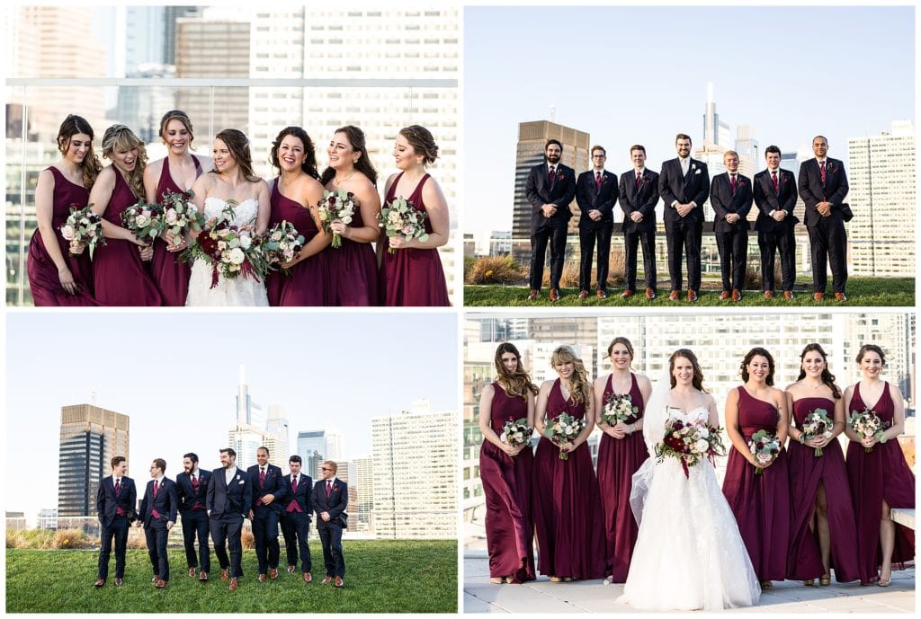 Traditional wedding party portraits in front of Philadelphia Skyline, bridal party and groomsmen in Philadelphia