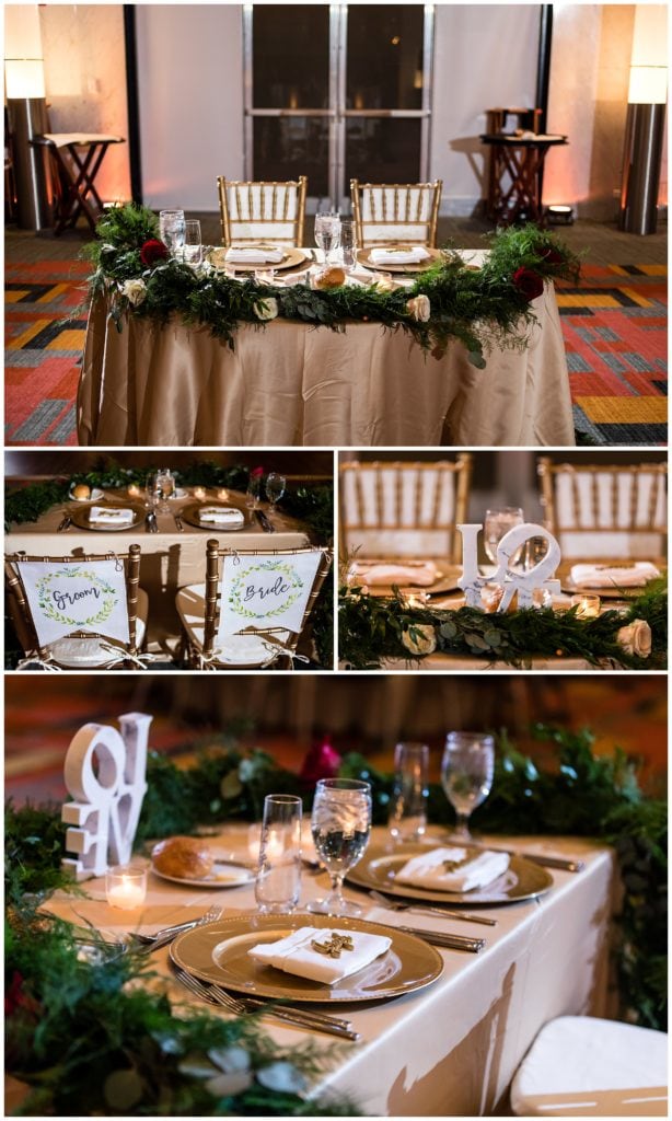 Loews Philadelphia wedding reception with gold details, "bride" and "groom" seat signs, and LOVE centerpiece