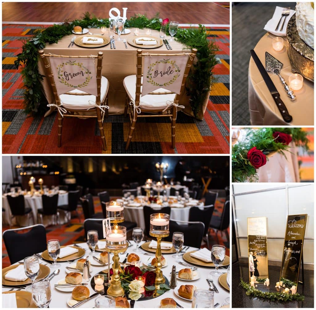 Loews Philadelphia wedding reception with gold details and candle centerpieces