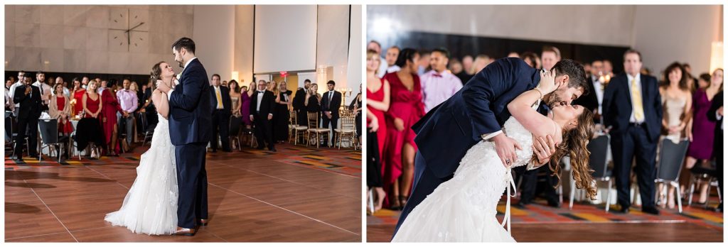 Groom dips bride during first dance at Loews Philadelphia wedding reception