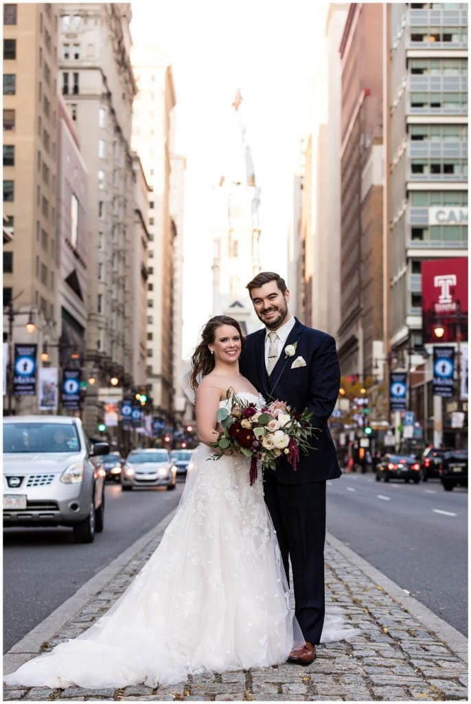 Traditional bride and groom portrait on Broad Street, Philadelphia