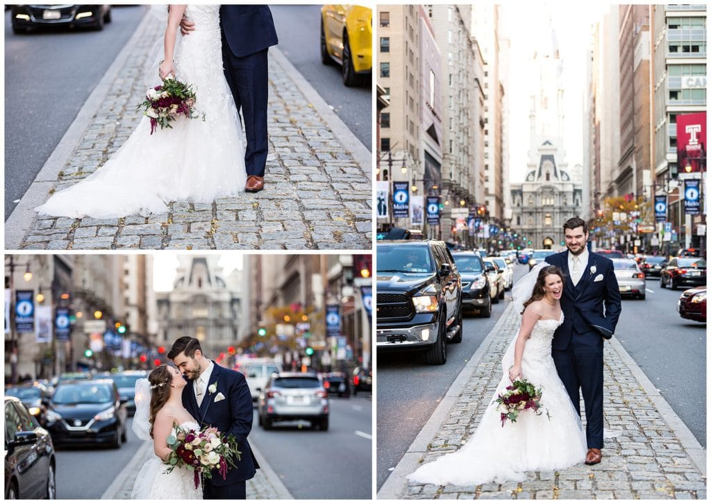 Bride and groom laughing together portrait collage on Broad Street Philadelphia