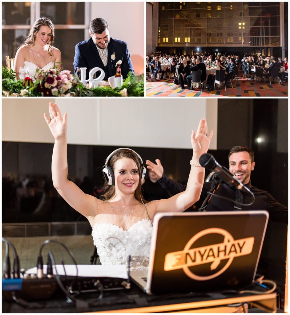 Bride at DJ booth dancing with headphones on, bride and groom laughing during toasts at Loews Philadelphia wedding reception