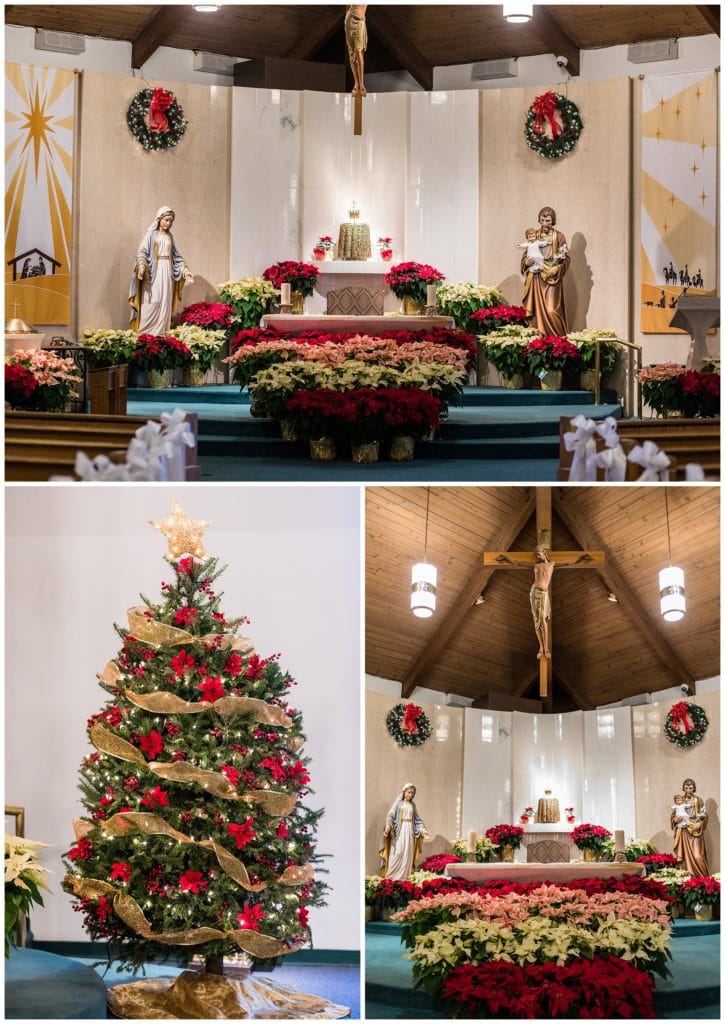 St. Christopher Church Wedding, New Years Eve church wedding with Christmas tree and poinsettias