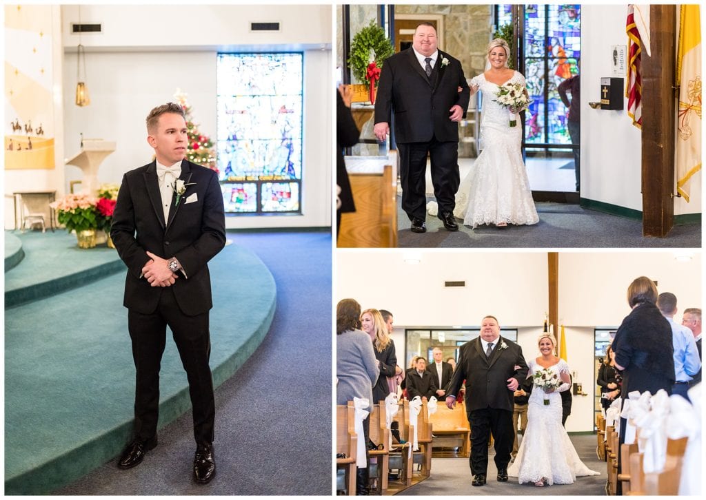 Groom at alter watches bride and her father walk down the aisle in St. Christopher Church