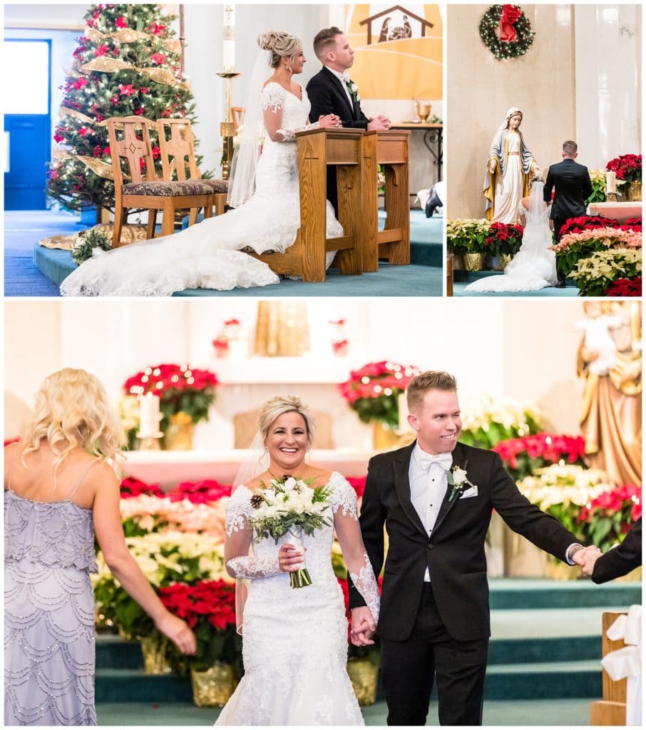 St. Christopher Church wedding ceremony collage with bride and groom praying and recessing holding hands