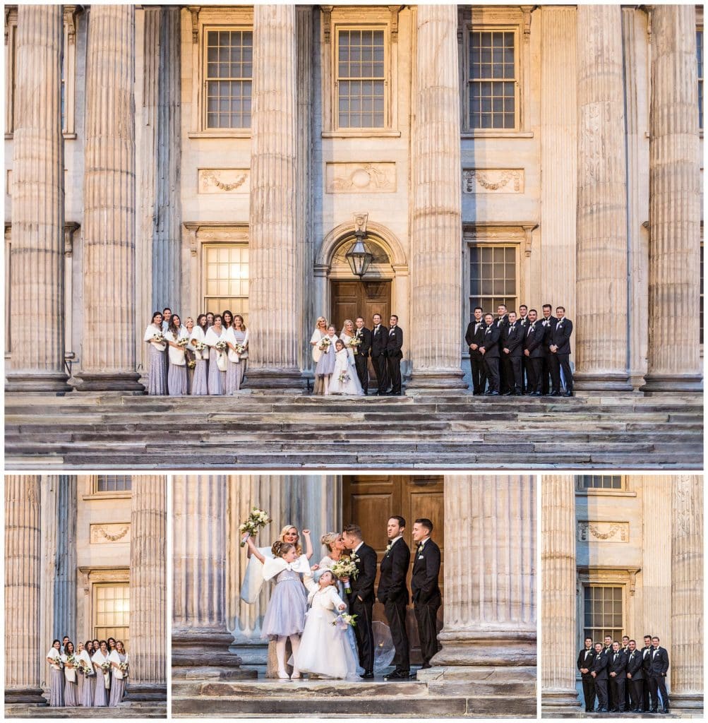 Winter wedding party portraits collage on steps of First National Bank in Philadelphia