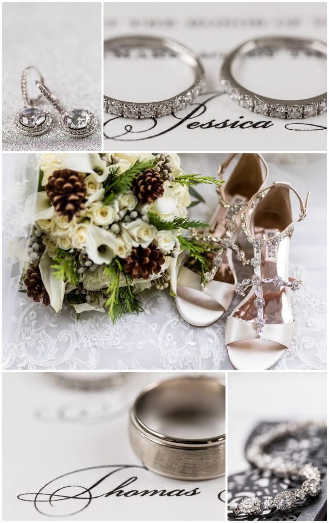 Close up of wedding rings and wedding invitation collage with jewelry, shoes, and bridal bouquet