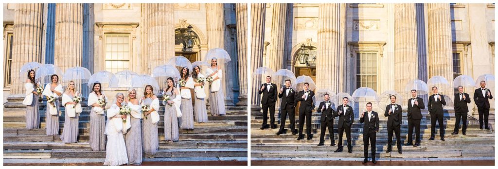 Winter wedding party portrait with umbrellas collage on steps of First National Bank in Philadelphia