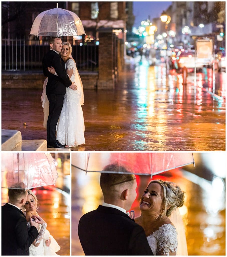 Bride and groom city night portraits with umbrella in Philadelphia collage