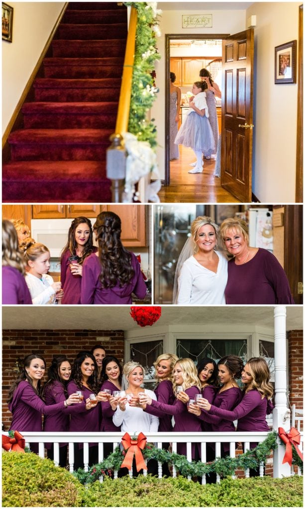 Bridal party getting ready at home collage with bridesmaids cheering bride