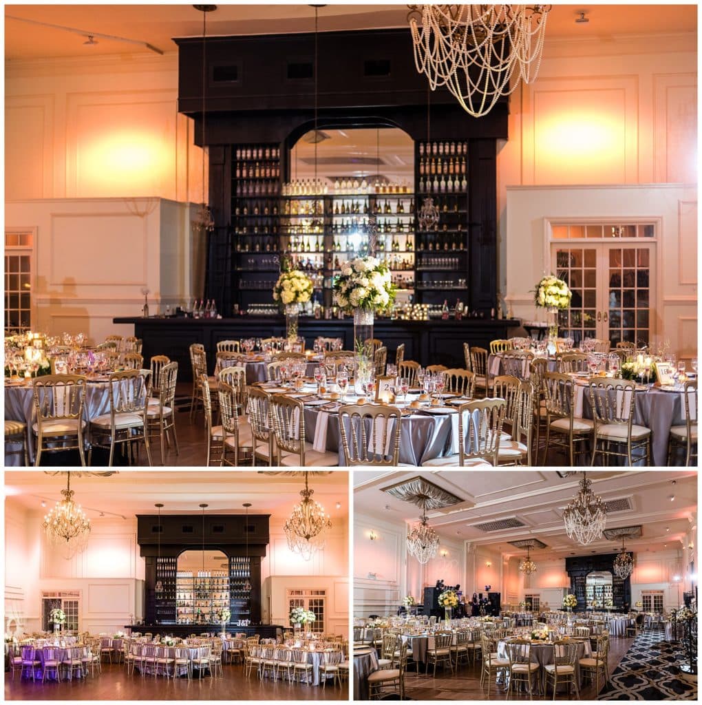 Cescaphe Ballroom New Year's Eve wedding reception with silver linens