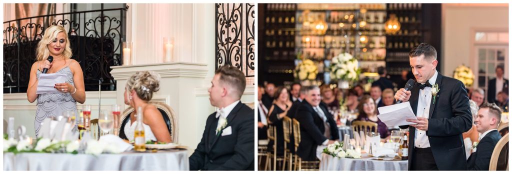 Maid of honor and best man toast collage at Cescaphe Ballroom New Year's Eve wedding