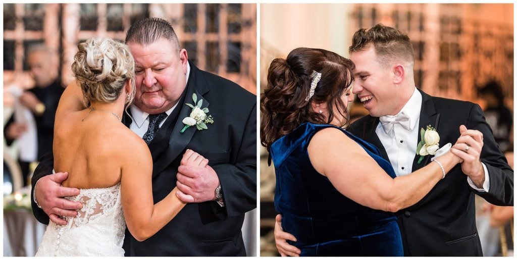 Father of the bride and mother of groom dance collage at Cescaphe Ballroom New Year's Eve wedding