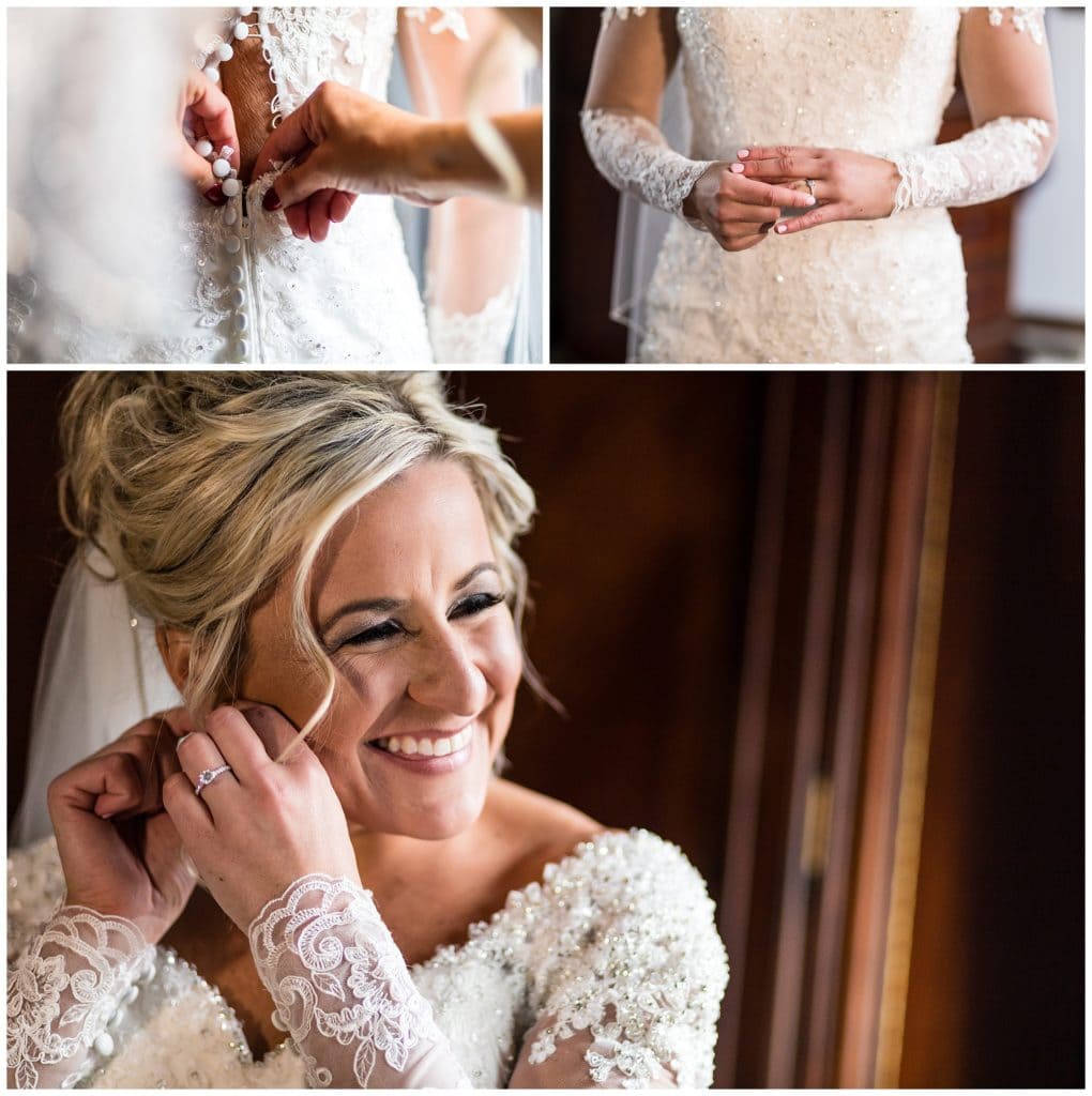 Bride getting ready collage with bride putting on jewelry and gown being buttoned