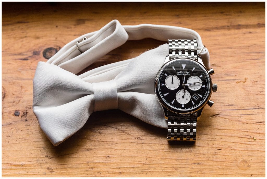 Groom accessories, grey bowtie and black watch