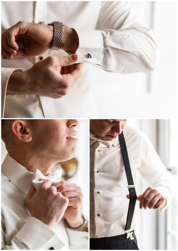 Groom getting ready collage with groom securing cufflinks, fixing bowtie, and strapping suspenders