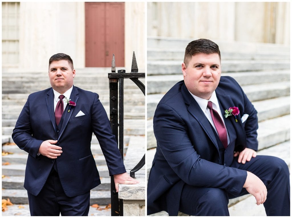 Groom portrait on steps at Second National Bank in Philadelphia