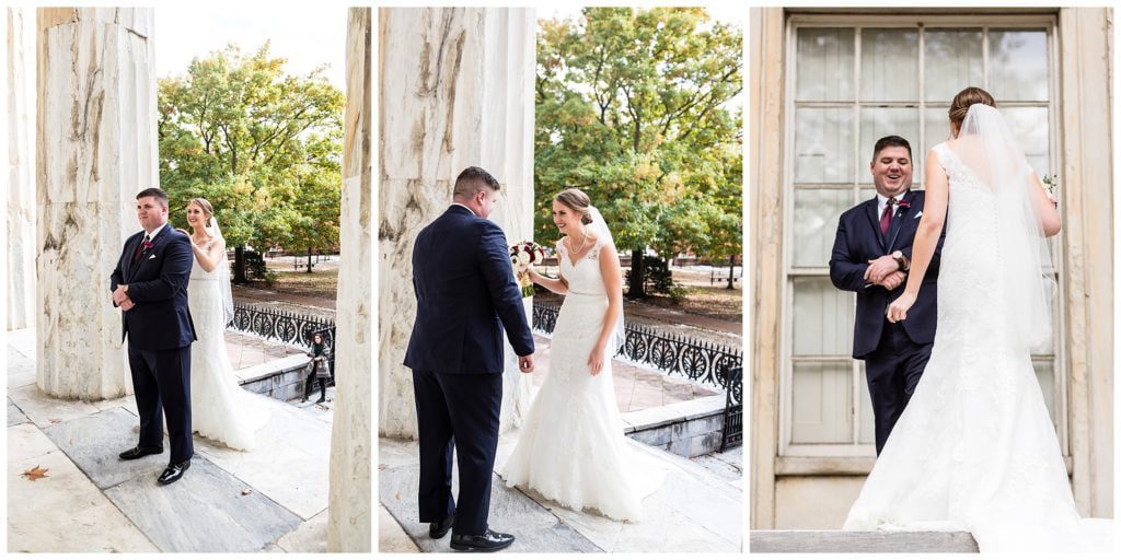 Bride and groom first look collage with bride tapping groom on the shoulder and groom turning around in shock at Second National Bank in Philadelphia