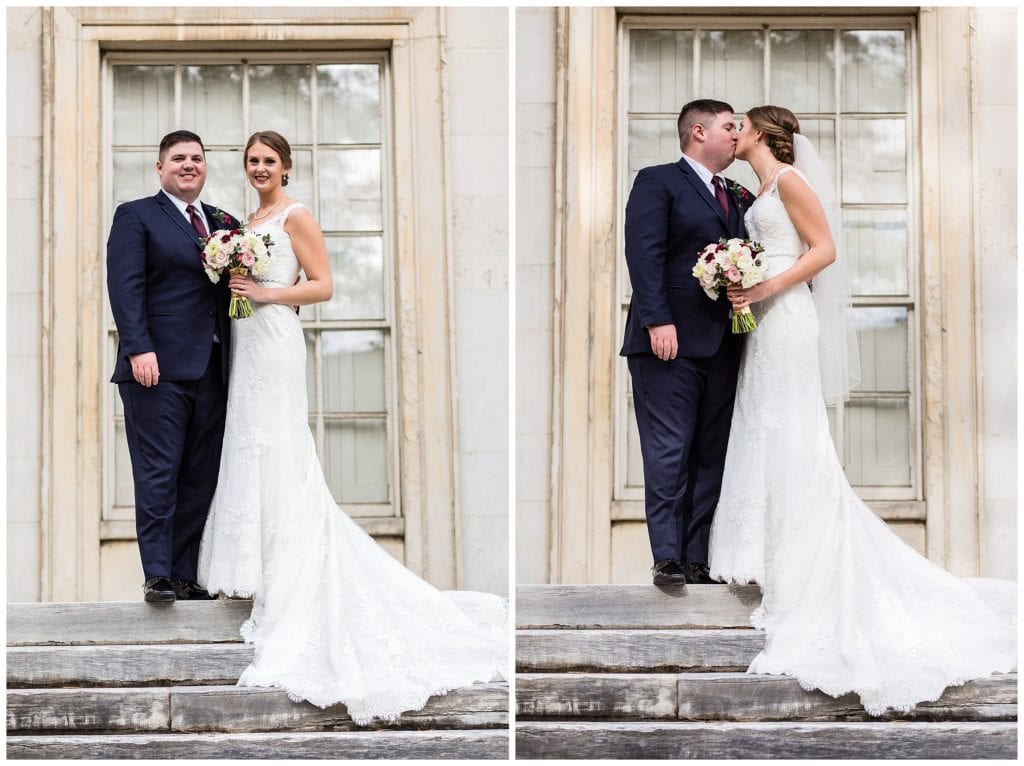 Traditional bride and groom portrait and kissing collage at Second National Bank in Philadelphia