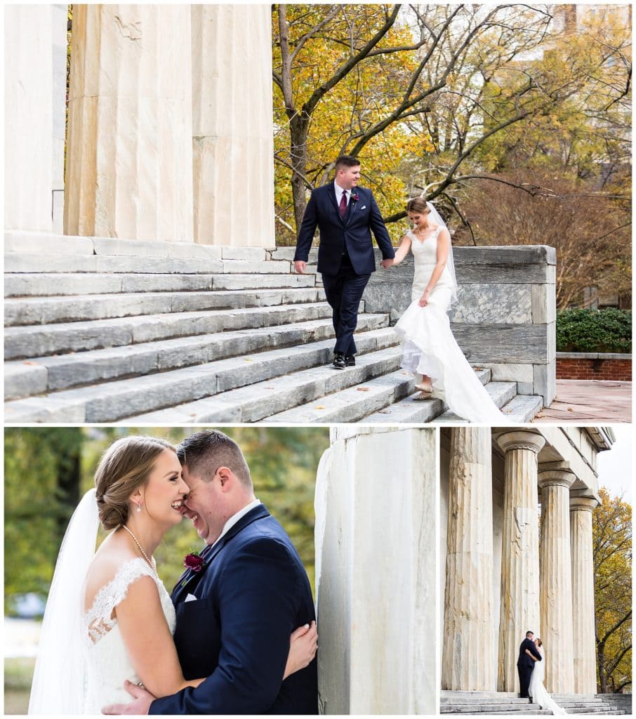 Bride and groom portraits on steps at Second National Bank in Philadelphia