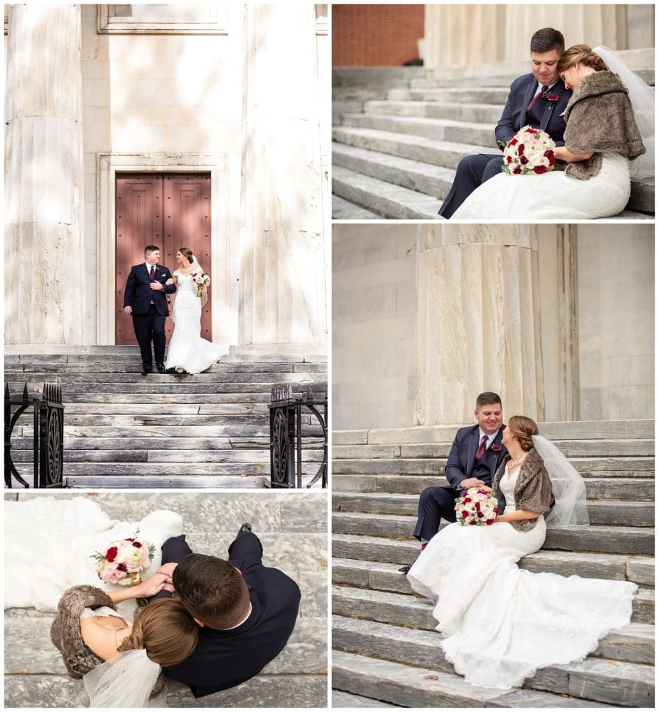 Cozy bride and groom portraits collage with bride and groom cuddling on steps at Second National Bank in Philadelphia