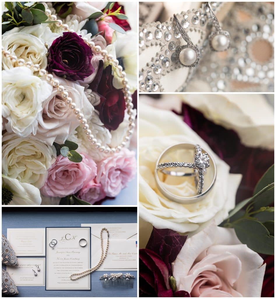 Bridal accessory collage with pearl necklace and earrings, wedding and engagement rings, and invitation suite