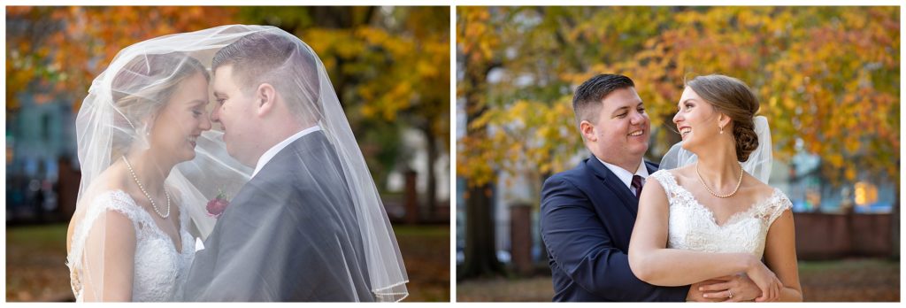 Bride and groom under veil and embracing portraits collage in Old City Philadelphia