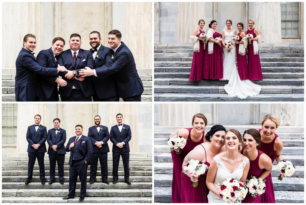 Groomsmen and bridesmaids portraits collage on steps at Second National Bank in Philadelphia