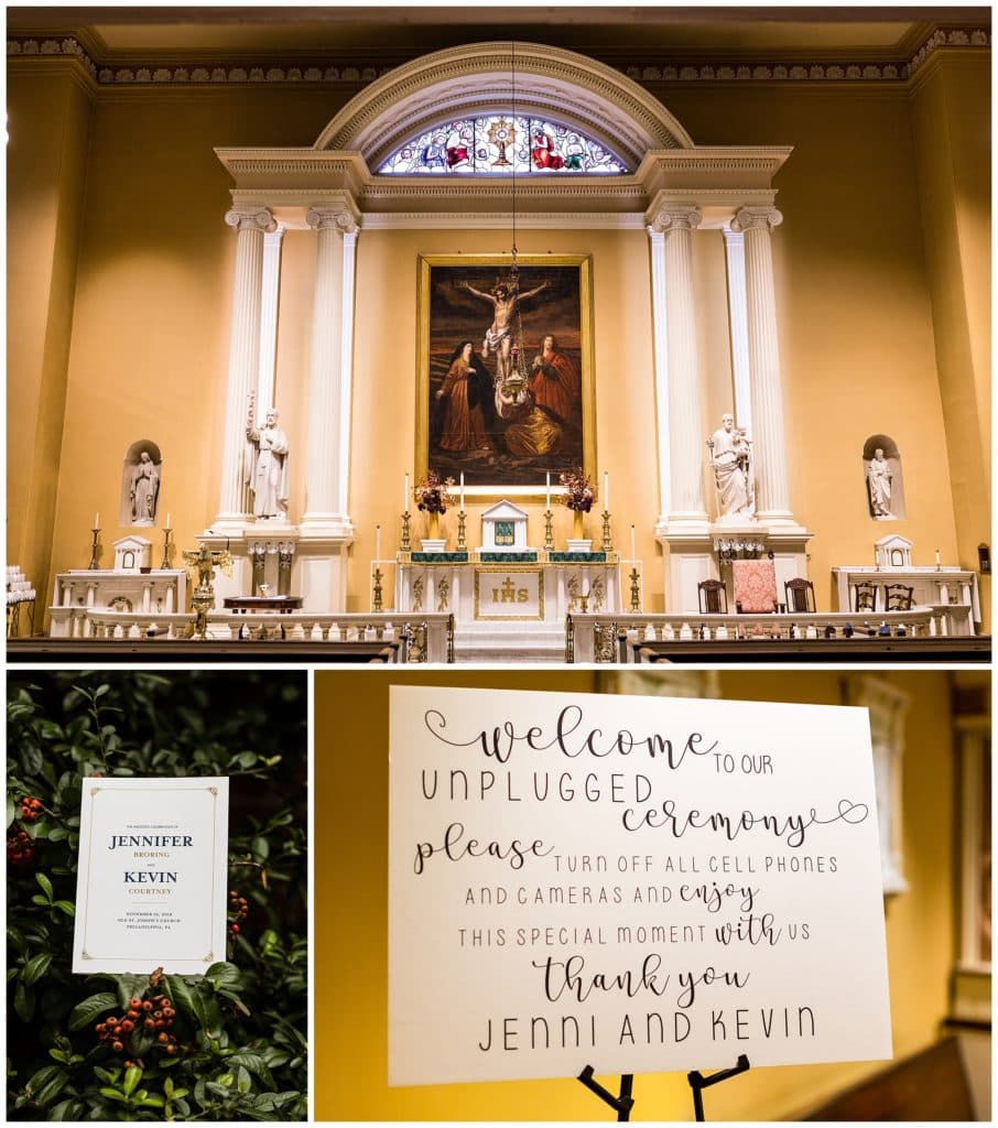 Old St Joe's wedding reception unplugged ceremony sign, Old St Joseph's Church alter, and wedding invitation in greenery collage