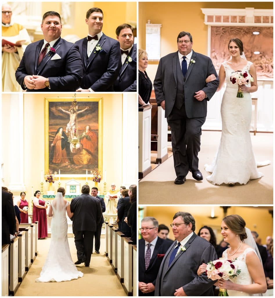 Groom at alter watching bride walk down the aisle with her father collage at Old St Joe's wedding ceremony, Old St Joseph's wedding ceremony