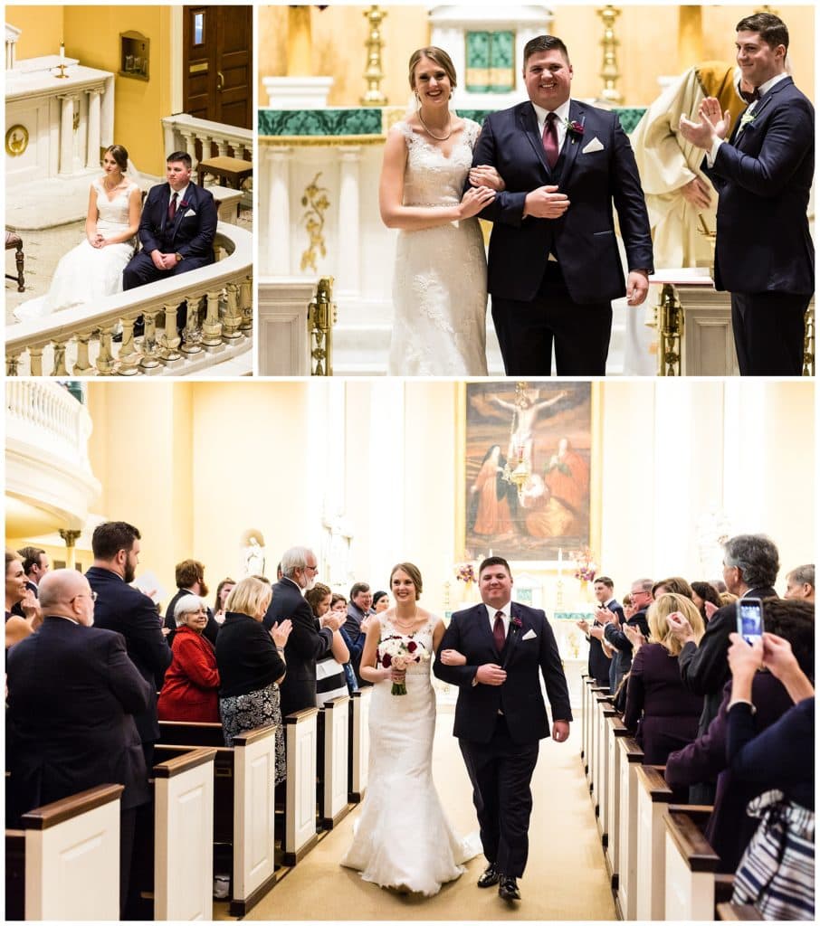 Bride and groom sitting during ceremony at Old St Joe's wedding, bride and groom recessing aisle in Old St Joseph's Church