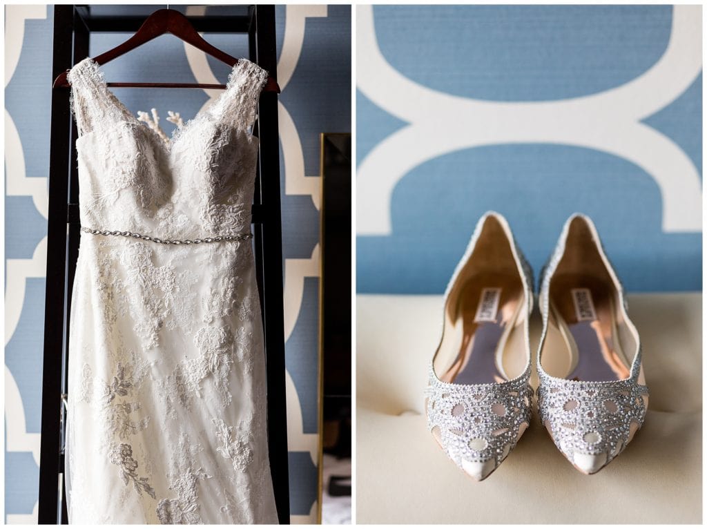 Lace bridal gown hanging and gemmed bridal flats collage