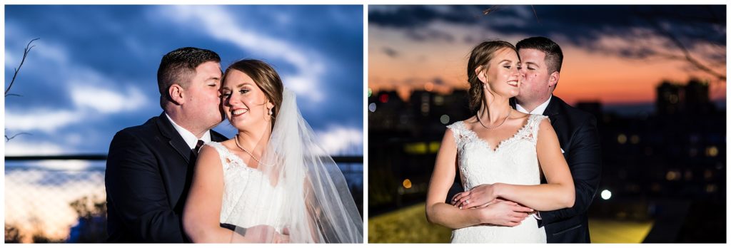 Bride and groom sunset portraits with blue and orange sky in Philadelphia
