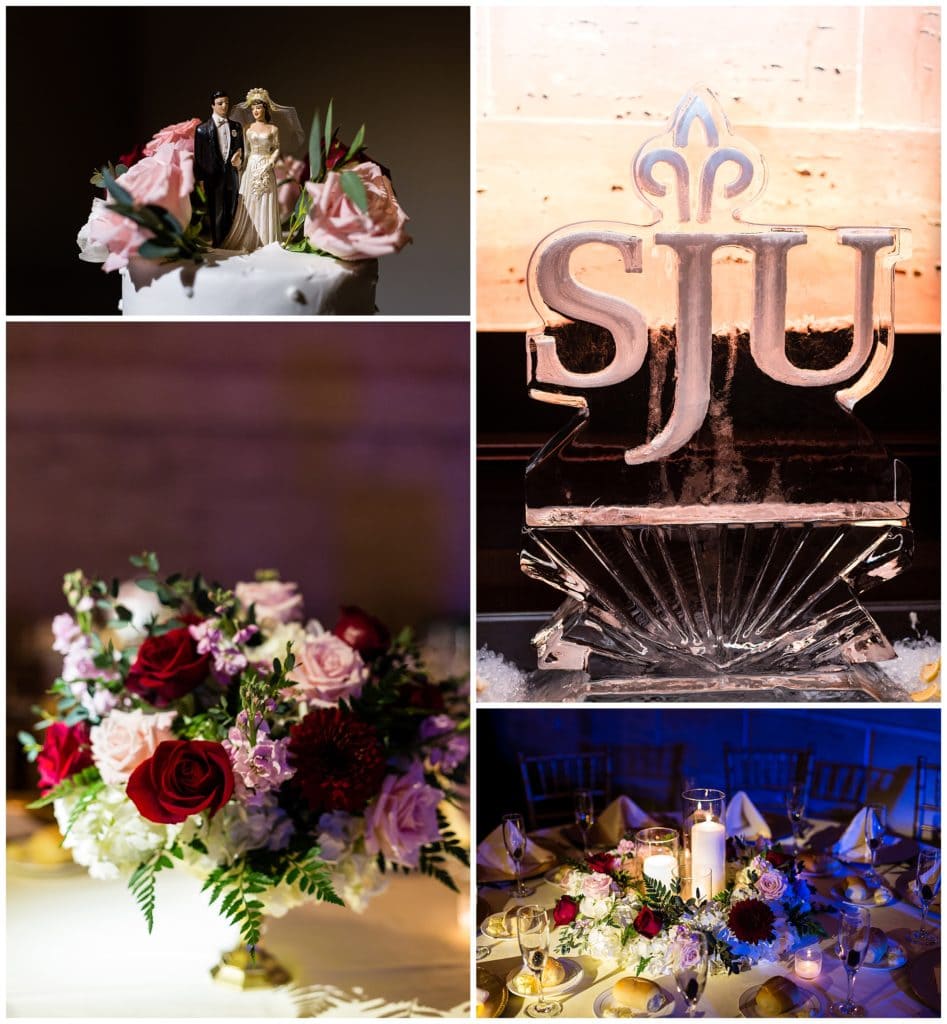 Wedding reception detail collage with traditional cake-toppers, floral rose centerpieces, and St Joe's University ice sculpture