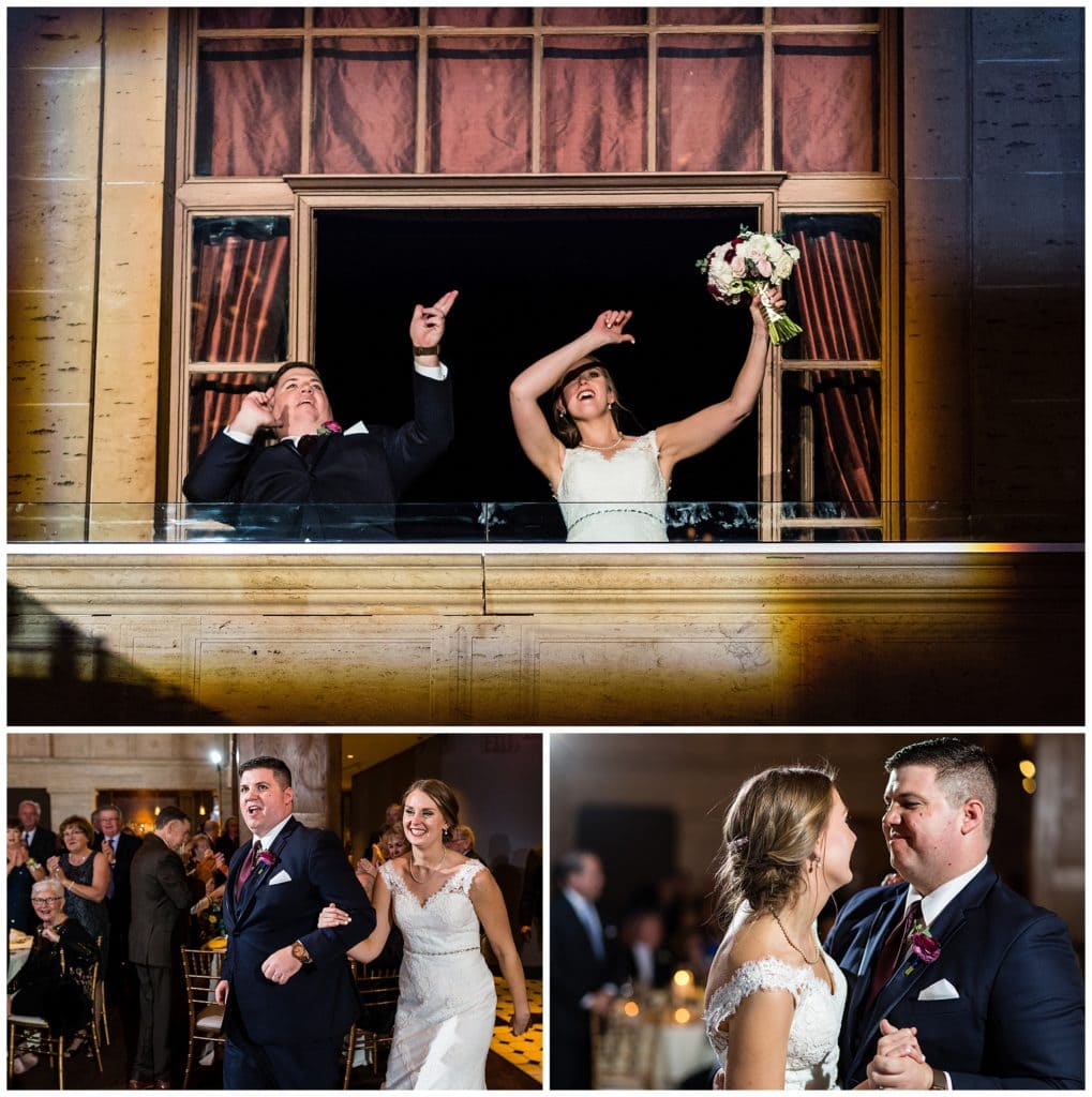 Bride and groom introduction from balcony in Union Trust, bride and groom first dance collage