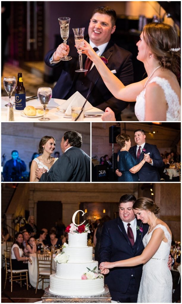 Bride and groom toast champagne, cut cake, and parent dance collage at Union Trust wedding reception