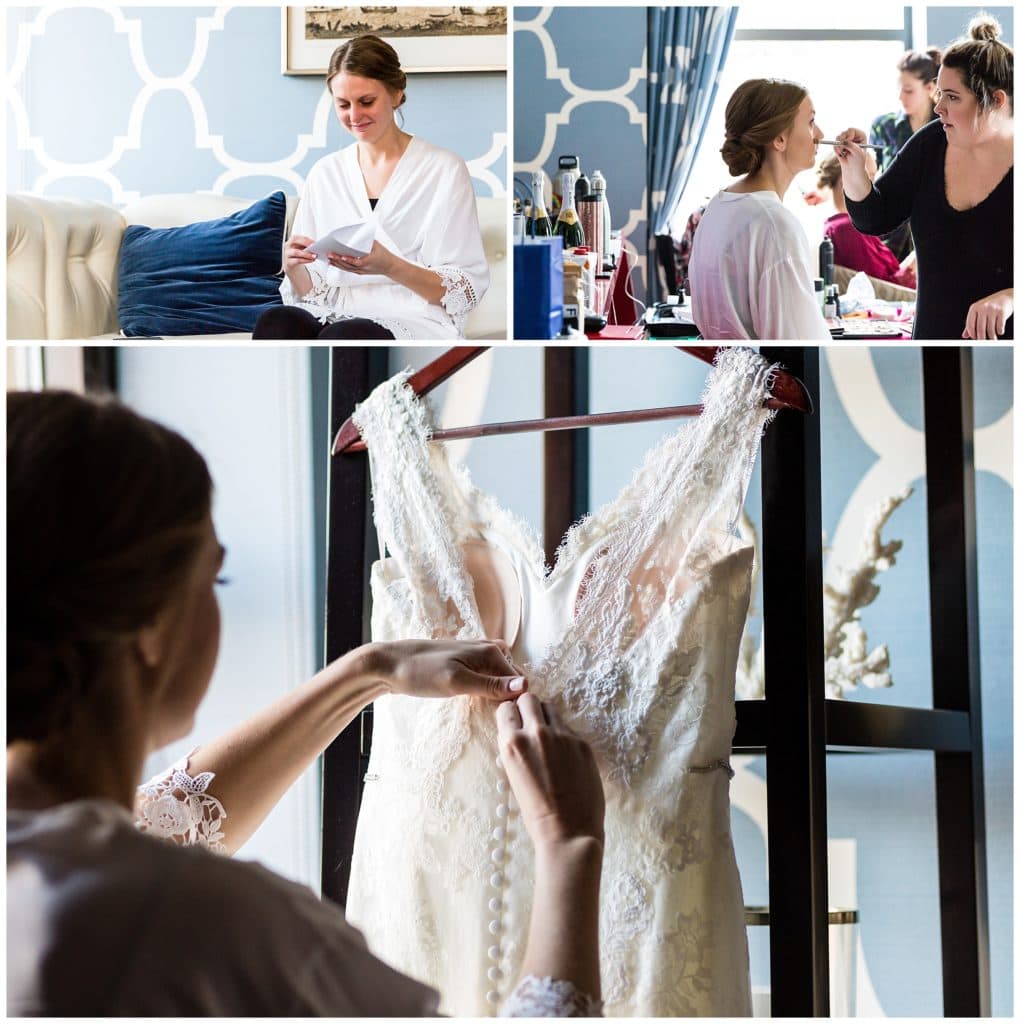 Bridal prep portraits collage with bride reading letter, getting makeup done, and unbuttoning gown