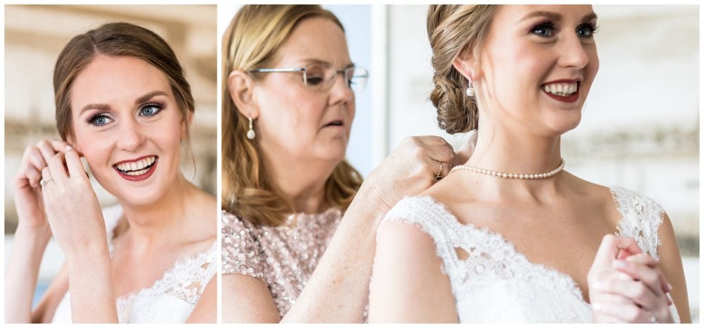 Bride putting on earrings and getting help with necklace portrait collage