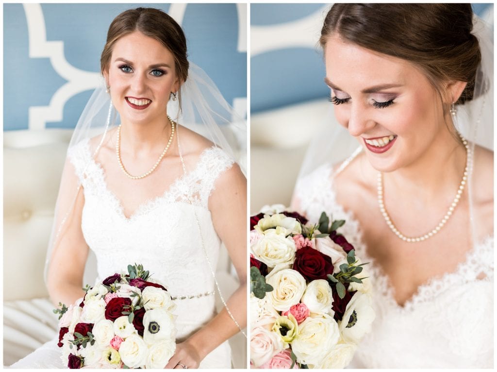 Window-lit sitting bridal portraits with multicolor rose bouquet