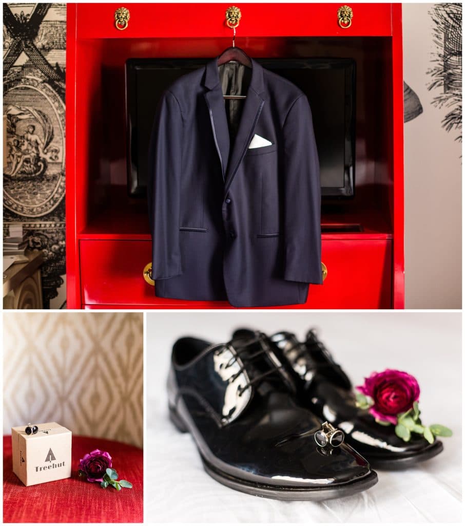 Groom accessories collage with jacket, shoes, cufflinks, and pink rose boutonniere