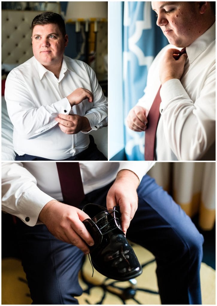 Groom getting ready collage with room securing cufflinks, tying tie, and putting on shoes