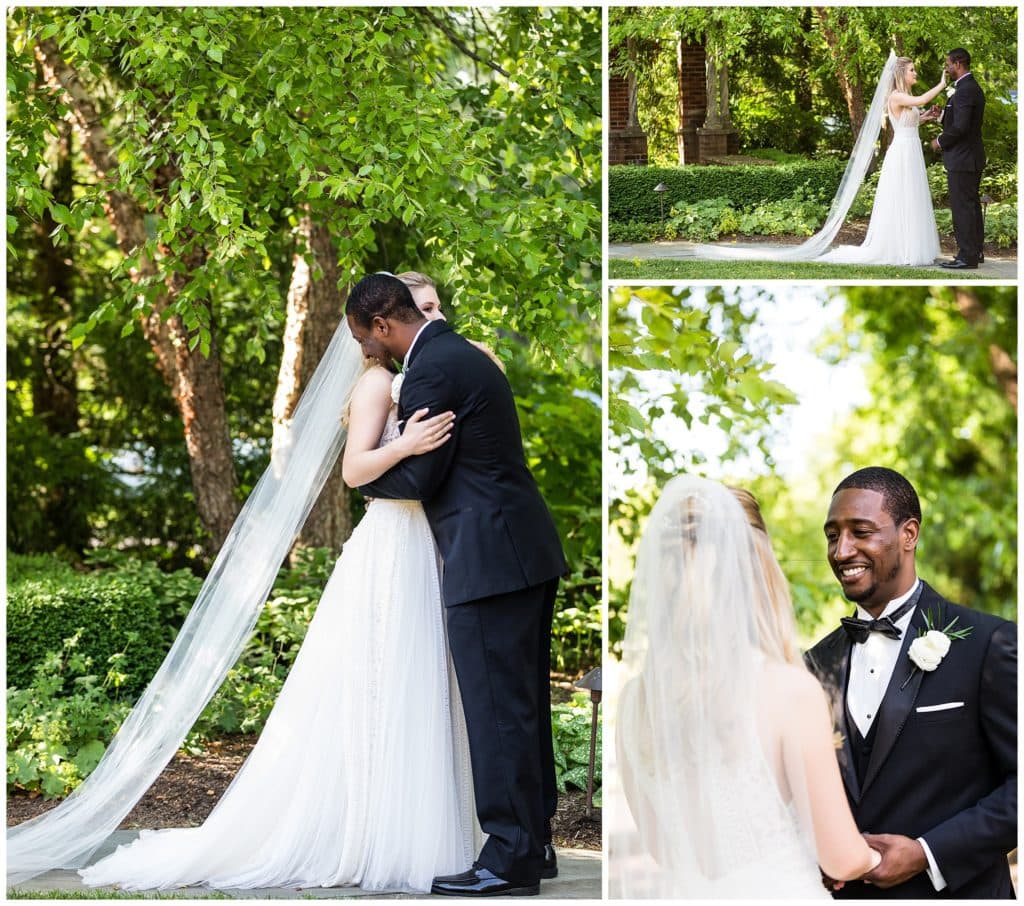 Bride and groom first look collage with bride wiping grooms tears and hugging at Aldie Mansion